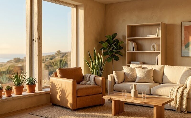 An inviting, sunlit therapy office with comfortable seating and a warm, modern Southern California aesthetic