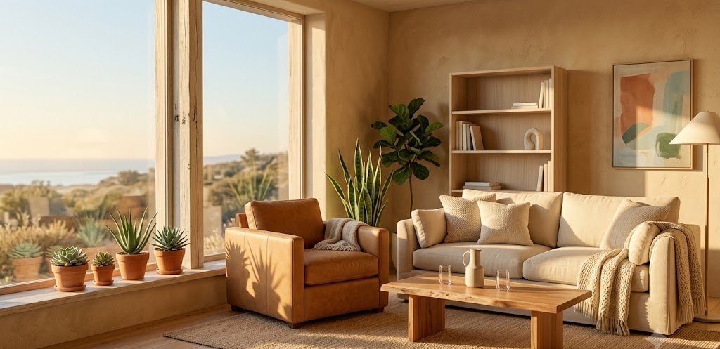 An inviting, sunlit therapy office with comfortable seating and a warm, modern Southern California aesthetic