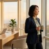 A professional pauses by a wide window in a modern office at golden hour, looking out with a calm expression