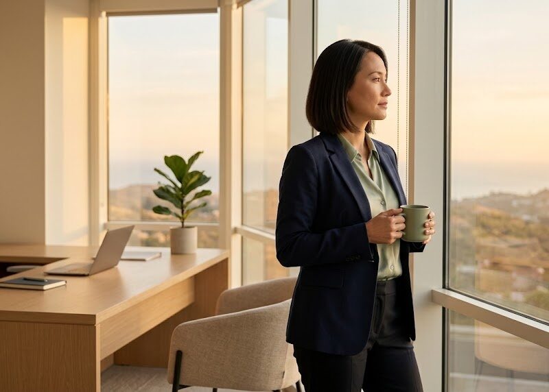A professional pauses by a wide window in a modern office at golden hour, looking out with a calm expression
