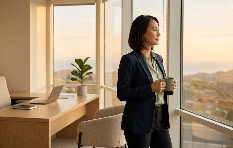 A professional pauses by a wide window in a modern office at golden hour, looking out with a calm expression