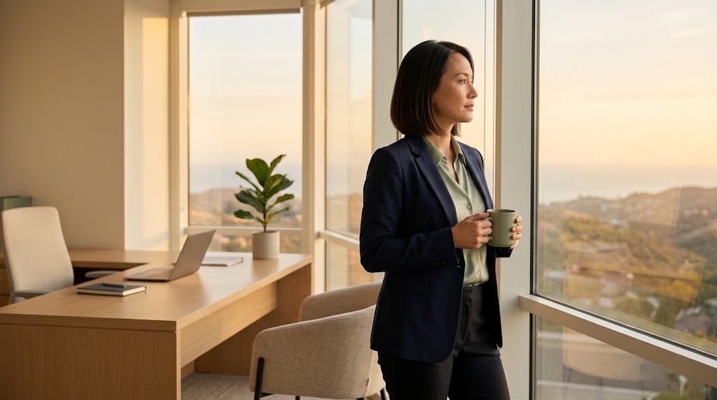 A professional pauses by a wide window in a modern office at golden hour, looking out with a calm expression