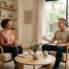 Two people talk across a low table in a sunlit, softly furnished consultation room with a calm California feel