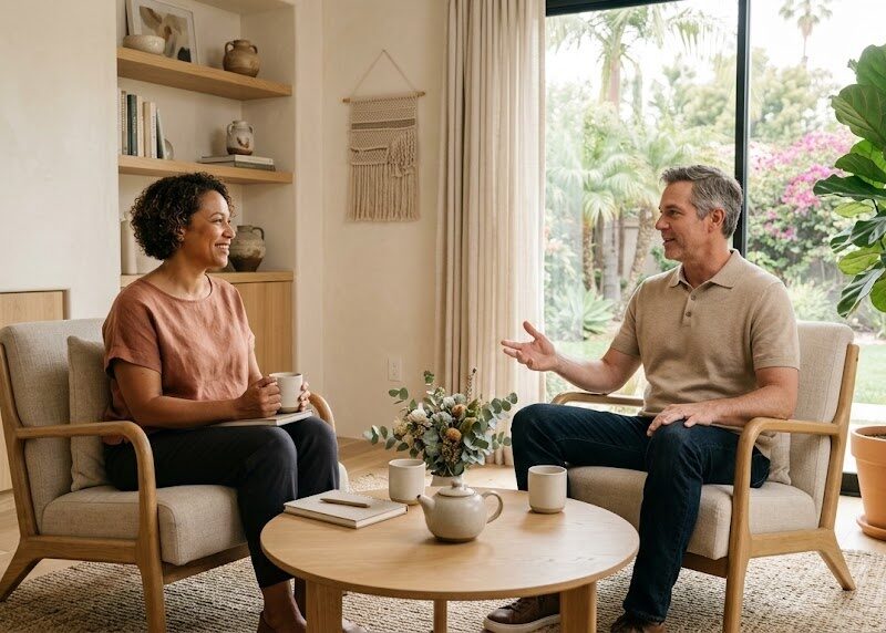 Two people talk across a low table in a sunlit, softly furnished consultation room with a calm California feel