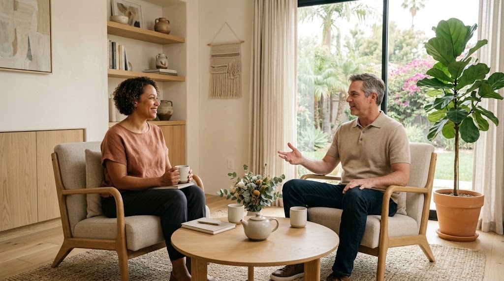 Two people talk across a low table in a sunlit, softly furnished consultation room with a calm California feel