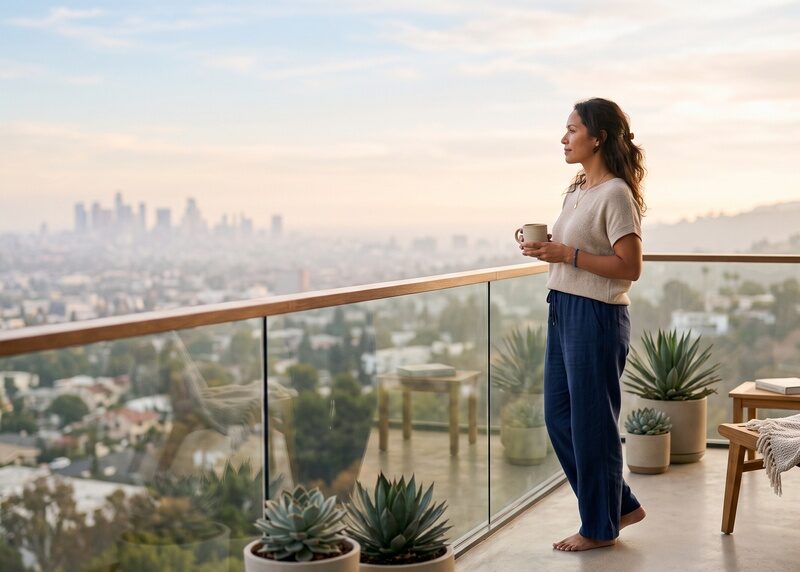 A person stands quietly on a balcony above a soft California cityscape in early morning light