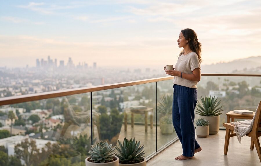A person stands quietly on a balcony above a soft California cityscape in early morning light