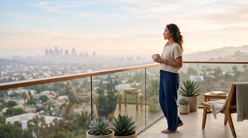 A person stands quietly on a balcony above a soft California cityscape in early morning light