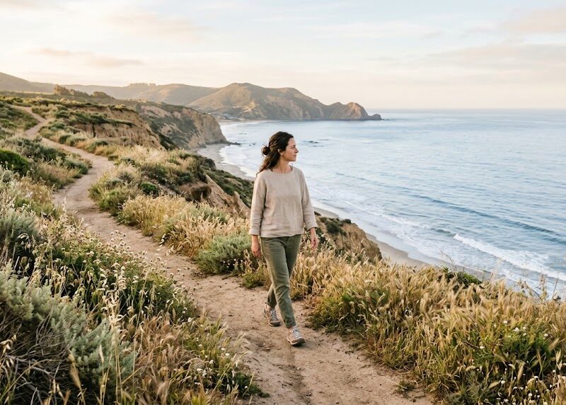 A person walks along a quiet coastal path in soft morning light, shoulders relaxed and unhurried