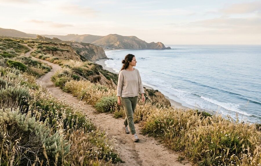 A person walks along a quiet coastal path in soft morning light, shoulders relaxed and unhurried