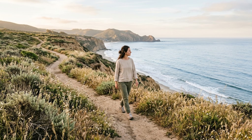A person walks along a quiet coastal path in soft morning light, shoulders relaxed and unhurried