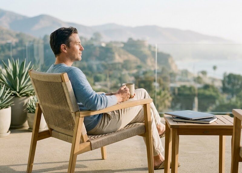 A professional sits quietly on a sunlit balcony with a coffee, looking out over soft coastal hills in calm morning light