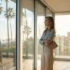 A founder stands at a large window in a bright, modern office at golden hour, looking out with a composed, thoughtful expression