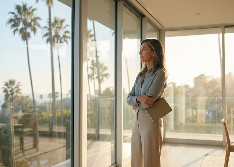 A founder stands at a large window in a bright, modern office at golden hour, looking out with a composed, thoughtful expression
