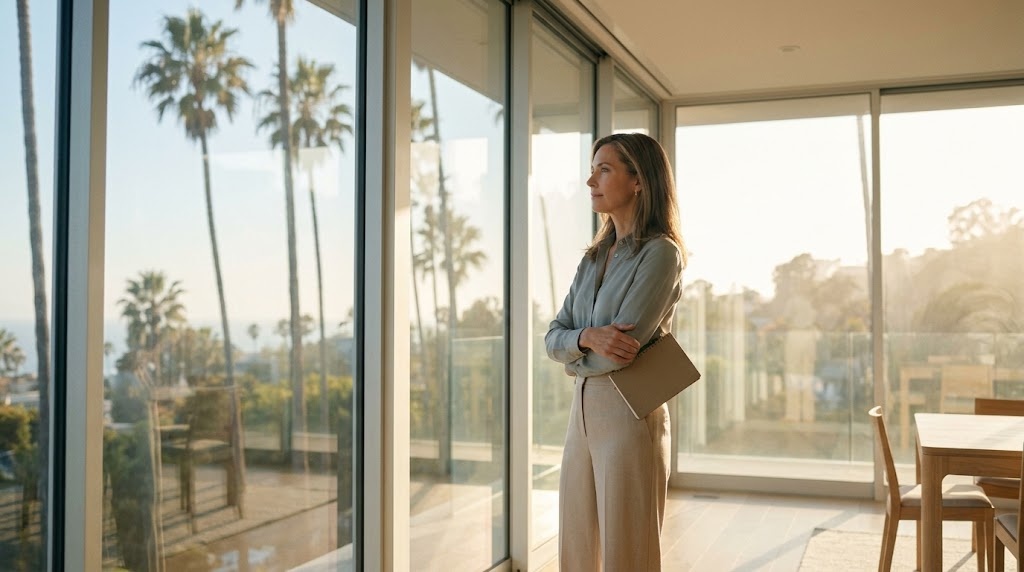 A founder stands at a large window in a bright, modern office at golden hour, looking out with a composed, thoughtful expression
