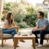 Two friends sit close on a sunlit patio sharing a quiet, sincere conversation, framed by soft greenery and warm light