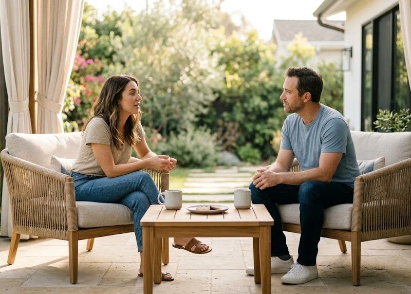 Two friends sit close on a sunlit patio sharing a quiet, sincere conversation, framed by soft greenery and warm light