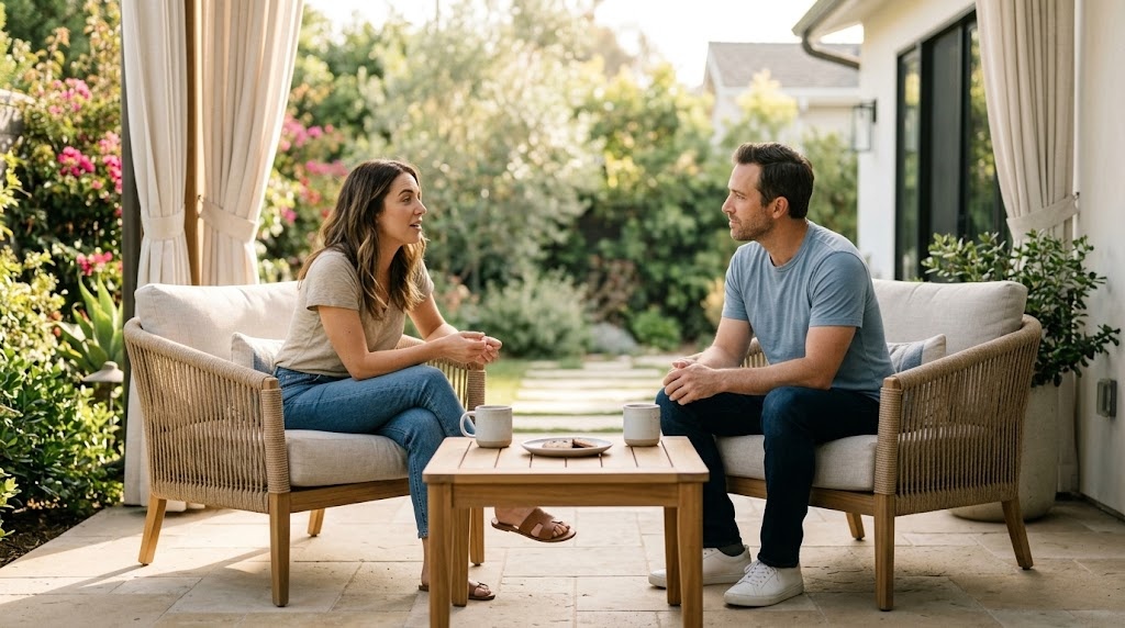Two friends sit close on a sunlit patio sharing a quiet, sincere conversation, framed by soft greenery and warm light