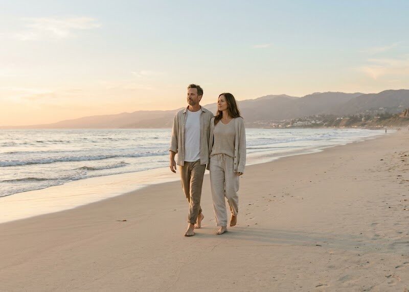 A couple walks along a quiet Southern California beach at sunset, close together with relaxed, easy body language