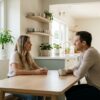 A couple sits at a bright kitchen table, talking calmly over coffee with open, attentive expressions in soft morning light