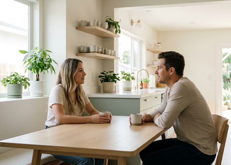 A couple sits at a bright kitchen table, talking calmly over coffee with open, attentive expressions in soft morning light